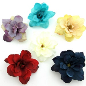 Silk flower hair clips set with six multicolor blossoms: purple, teal, yellow, white, red, navy