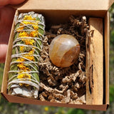 GOLDEN HEALER - White Sage Sunflower + Limonite Quartz + Palo Santo Smudging Set - Raise Your Vibration - Free Delivery !
