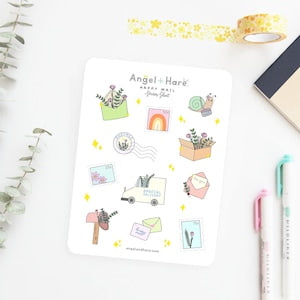 Matte sticker sheet with snail mail icons, envelopes, flowers, and pastel botanical designs