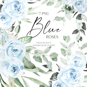 Watercolor blue rose floral border clipart with green eucalyptus leaves