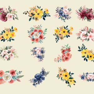 Watercolor floral ornament set with mixed bouquet and single flower clipart, 16 designs