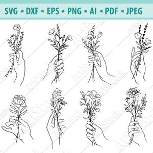 Floral line-art hand holding flowers SVG cut file, multiple bouquet poses