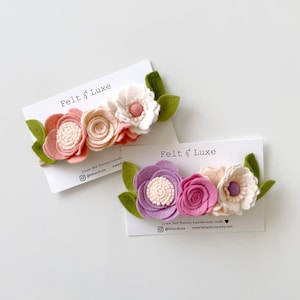 Felt flower headband set with pink and lavender roses and green leaf accents