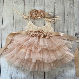 Champagne lace bodice tulle tutu dress with bow straps