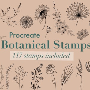 Botanical Procreate stamp set with line-art flowers, leaves, and stems