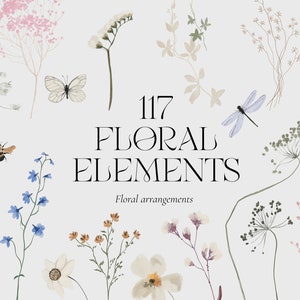 Watercolor wildflower clipart set with butterflies, stems, and delicate floral elements