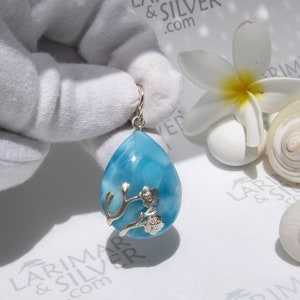 Blue teardrop pendant with 925 sterling silver mermaid charm and bail