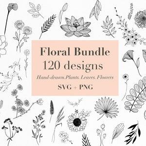 Hand-drawn floral SVG bundle with 120 flower and leaf line illustrations