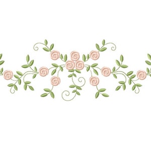 Floral rose embroidery design with intertwined roses, peach blossoms, and green vines