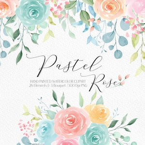 Pastel watercolor floral bouquet clipart with roses, leaves, and small flowers in peach and mint