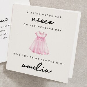 Personalised flower girl wedding card with pink dress illustration and name Amelia