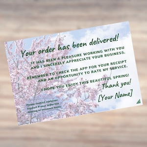 Spring cherry blossom thank-you card: “Your order has been delivered!” and “[Your Name]”