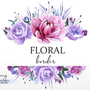 Watercolor floral border with pink rose and purple flowers, “FLORAL border” text