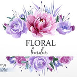 Purple floral frame clipart, Flower border clipart, Floral border, Watercolor bouquet, Wedding clipart, Commercial Use PNG, digital download