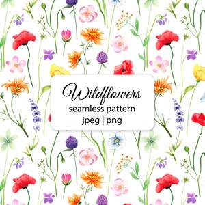 Watercolor meadow wildflower seamless pattern digital paper with bright pink, purple, yellow blooms