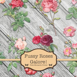 Printable fussy-cut rose flowers set in pink, red, and blush with green leaves