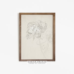 Framed vintage botanical line art print with flower sketch drawing