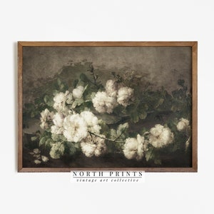 Vintage botanical flower print in a brown frame, white blossoms on dark green background