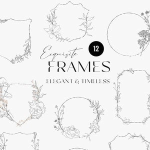 Vintage botanical floral frame set with graphite rose line art, oval and rectangle outlines