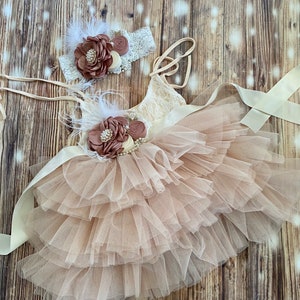 Champagne lace top tulle tutu flower girl dress with layered ruffles and floral waist bows
