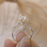 Vintage Two Tone Wedding Ring, Unique 2 Tone Moissanite Engagement Ring, Gold Heart Side Profile, Flower Solitaire Diamond Cute Promise Ring