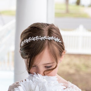 Silver rhinestone pearl flower girl tiara headband with delicate floral accents