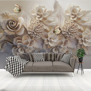 Peel-and-stick floral wallpaper featuring textured beige rose and peony blooms