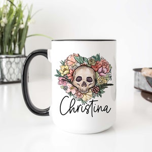 Personalized floral skull coffee mug with heart, black handle, name Christina