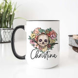 Personalized floral skull coffee mug with heart, black handle, name Christina
