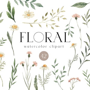 Wildflower Clipart Watercolor daisy wild flower png Boho floral Greenery leaves branch for Logo Wedding invite Nursery decor clipart