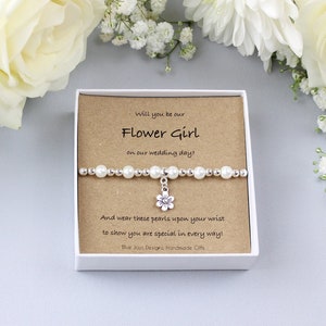 Flower girl proposal bracelet with pearl beads and silver flower charm on box card
