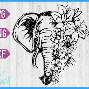 Floral elephant SVG file with black outline elephant head covered in flowers