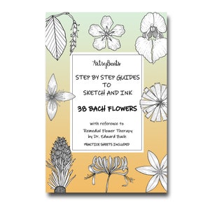 Step-by-step drawing guide book for Bach flowers; sketch and ink cover with line-art blooms