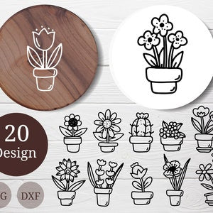Bundle of hand-drawn flower and potted plant SVG line icons, 20 designs