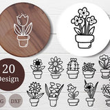 20 SVG Flowers with pots bundle for cut file, flower hand drawn style,dxf,png,eps,ai, for Silhouette,Cameo,cricut