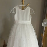 Tulle off white flower girl dress, V back top dress with pearls, Communion dress