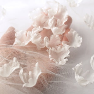 White 3D organza fabric flower petal appliques with layered ruffled petals