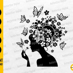Floral woman silhouette SVG with flower head, butterflies, and paw-print elements