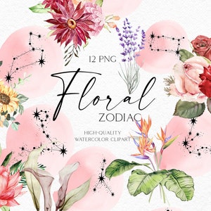 Floral zodiac clipart set with watercolor flowers, leaves, and constellation star icons