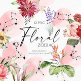 Birth flower clipart, Zodiac constellation clipart, Celestial clipart with hand drawn flowers boho diy elements 113