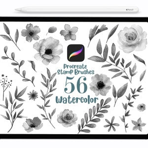 Watercolor floral stamp brush set for Procreate with flowers, leaves, petals, and 56 stamps
