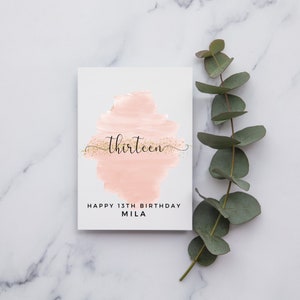 Personalized 13th birthday greeting card with 'Thirteen' and 'Happy 13th Birthday, Mila'