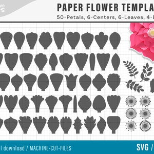 Paper flower template set with petal, leaf, and center SVG shapes