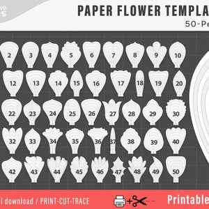 Printable paper flower petal template set with 50 numbered print-cut-trace shapes