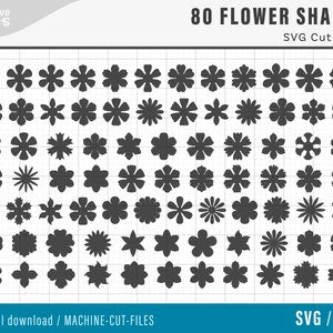 Set of 80 floral SVG cut files with black flower icon shapes in a grid