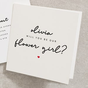 Personalised flower girl card with name Olivia and "Will you be our flower girl?" text
