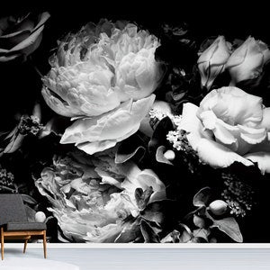 Black-and-white peony floral wallpaper panel with layered blossoms and leaves
