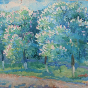 Scenery oil painting on cardboard with blossoming trees and a winding path