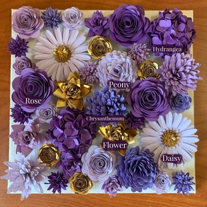 Rolled paper flower template set, colorful 3D flowers in purple, gold, and white
