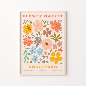 Flower market poster print in a light frame, with colorful illustrated flowers and Amsterdam
